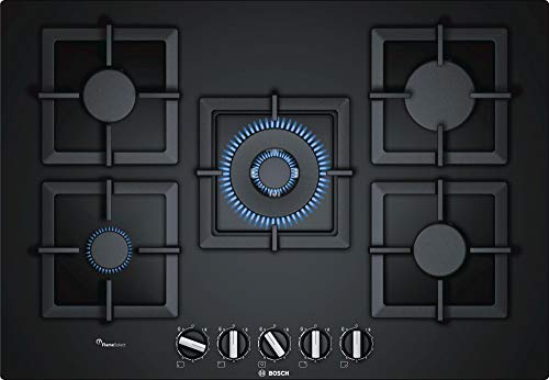 Bosch PPQ7A6B20, plaque de cuisson à gaz, Série 6, 5 foyers, 75 cm, Verre Trempé, Noir