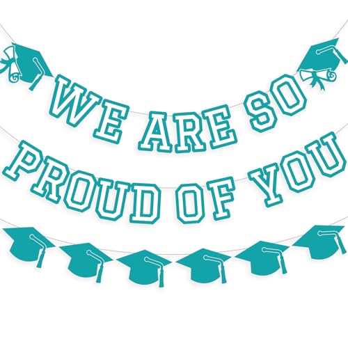 Image of We Are So Proud Of You Banner Graduation Party Decorations Congrats Grad Cap Garlands Wall Sign Teal