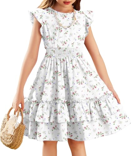 Image of Arshiner Girls Dresses Flutter Sleeve A-Line Sundress Casual Summer Tiered Swing Midi Pocket Dress