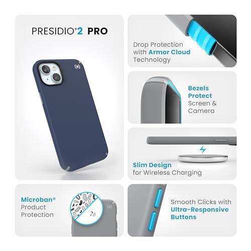 Image of Speck iPhone 15 Case - Drop Protection, Grip - for iPhone 15, iPhone 14, iPhone 13 - Scratch Resistant, Soft Touch 6.1 Inch Phone Case - Presidio2 Grip Coastal Blue /Dust Grey /White