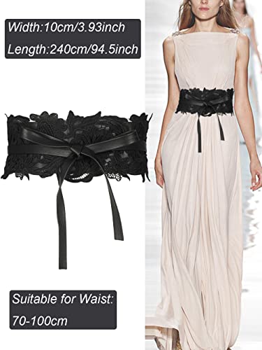 Women's Lace Wide Waist Belt Bow Tie Wrap Around Waistband Obi Belt Faux Leather Corset Belt for Dresses - Black2