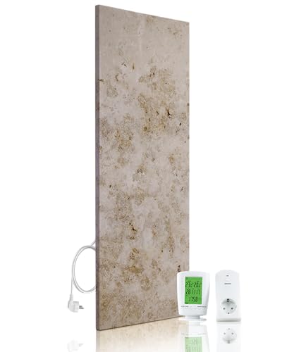 Marwona Jura Silver Chauffage infrarouge, 420 W, au marbre, avec thermostat et isolation thermique, fabriqué en Allemagne, pour salon, salle de bain et bureau