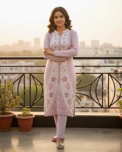 Image of KTI Full Sleeve Knee Length Floral Design Woolen Fabric 3 PC Kurti Set for Women Art NO-94164