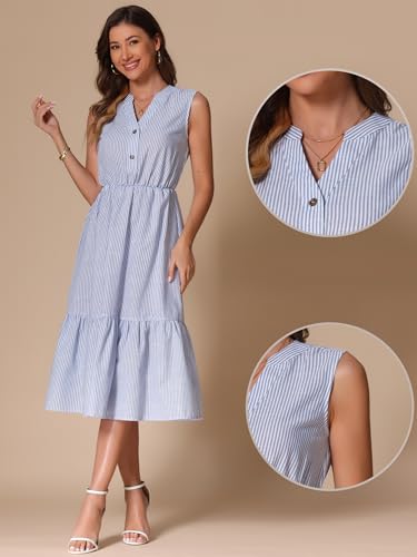 Image of Allegra K Striped Shirt Dresses for Women's Sleeveless Work V Neck Ruffleed Midi Dress
