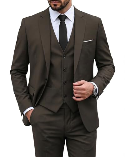 Image of MY'S Men's 3 Piece Suit Set with Tie, One Button Slim Fit Solid Jacket Vest Pants, Prom Party Wedding Business Suits for Men