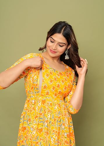 Image of Women's Feeding Kurta Cotton | Floral Anarkali Pregnancy Kurta with Nursing Zipper | Pre & Post Partum | Maternity Dresses | Mom to Be Gift