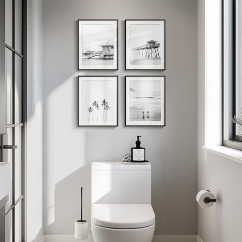 Framed Black and White Beach Wall Art, 4 Piece Coastal Photography Canvas Artworks, Ocean Wave Palm Tree Seascape Picture Prints for Living Room Bedroom Bathroom Hallway Office Wall Decor, 11x14 Inch - Image 4