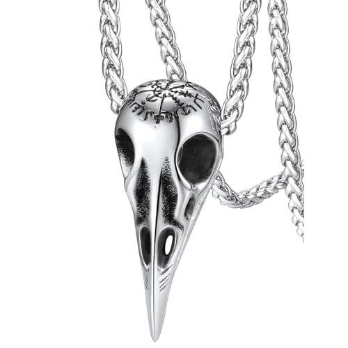FaithHeart Viking Raven Necklace for Men, Norse Mythology Raven Skull Pendant Sturdy Stainless Steel Amulet Jewelry Gift for Men Silver Compass