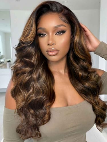 Image of Beauty Forever Bye Bye Knots No Slip Wig Balayage Brown 7x5 Lace Front Wig Human Hair Glueless Drawstring Wigs Loose Wave Face Framing Layers Curtain Bangs Pre Plucked Pre Cut 150% Density 18inch