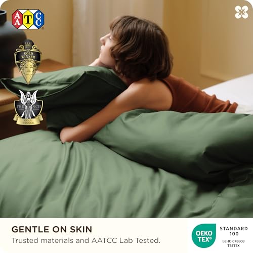 Image of Bedsure Cooling Duvet Cover King Size, Cotton & Viscose Derived from Bamboo Duvet Cover Set, PureWoven Ultra-Soft, Breathable & Lightweight Home Bedding for All Seasons(Olive Green,104 inchx90 inch)