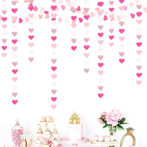 Image of Hot-Pink Rose-Gold Party Decorations Love Heart Garland - 39Ft Girls Birthday Hanging Paper Streamers Banner Wedding Baby Bridal Shower Graduation Bachelorette Engagement Mothers Day Decor