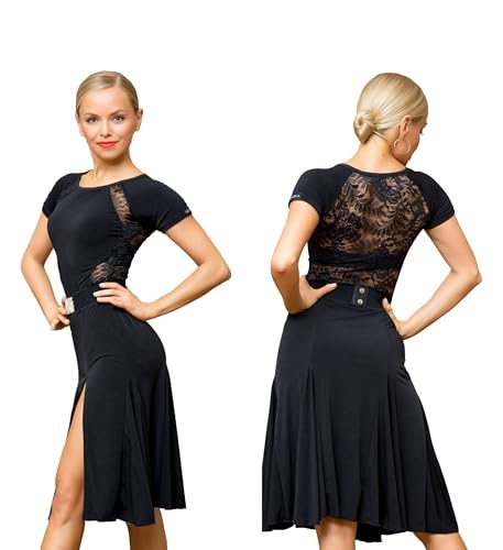SCGGINTTANZ Superstar Series:G3044 Latin Ballroom Dance Professional Lace Connected Sides Split Swing Design Dress(Note: No Belt is Included) (Black, XL)