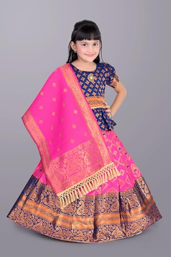 Image of Girls Pattu Pavadai Ready to Wear Lehenga, Blouse & Dupatta Set - Heavy Jacquard Fabric, Fully Stitched