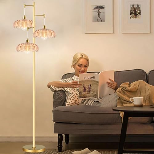 Image of Vintage Floor Lamps for Living Room Bedroom-3 Light Glass Floor Lamp with Three Led Bulb, Flower Tall Floor Lamp Gold Mid Century Modern Standing Lamp Tree Floor Lamps for Living Room Bedroom Corner