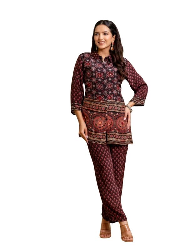 Black & Red Crepe Co-ord Set with Mirror Embroidery-image-17