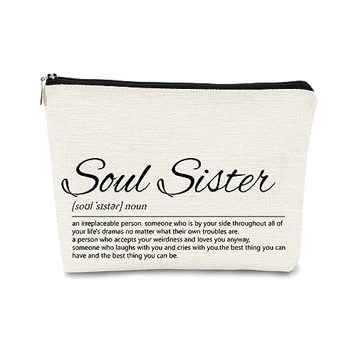 Soul Sister Definition Small Makeup Bag, Beige Best Gifts for Women Cosmetic Bag, Minimalist Inspirational Saying Makeup Bag Organizer Best Birthday Gifts for Friends Sisters Colleagues Classmates