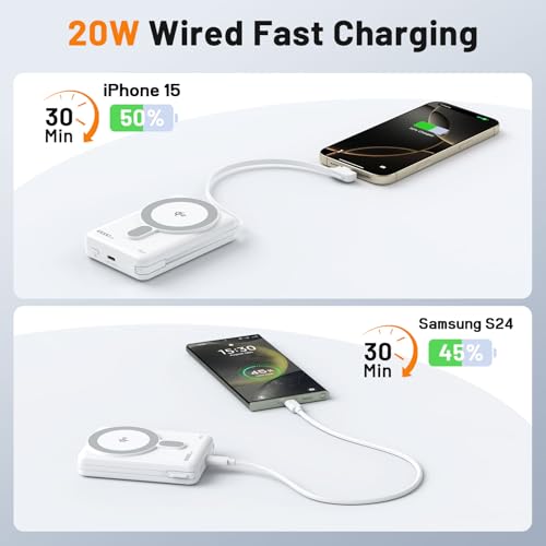 MagSafe Portable Charger, 10000mAh PD 20W USB-C Magnetic Power Bank, Qi2 Certified, Wireless 15W Fast Charging Battery Pack Built in Cable and Foldable Stand, for iPhone 17 16 15 14 13 12 Series — view 3