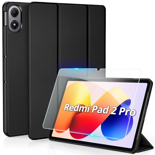 CACOE Hülle für Redmi Pad 2 Pro 12.1 Zoll 2025 mit Panzerfolie Schutzfolie Ultradünne PU Leder Smart Trifold Standhülle mit Standfunktion und Auto Wachen/Schlafen Schwarz