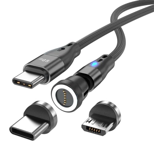 Câble de charge magnétique USB C vers USB type C/Micro USB - Câble magnétique PD 60 W - Charge rapide 1 m/2 m - Rotation à 540 ° - 2 en 1 - Câble USB...