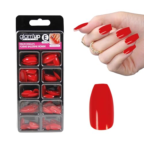 Glam’Up Paris - Faux Ongles - Pleine Couverture - Facile à Utiliser - 100 Pièces - Forme Ballerine - N°178 - Rouge