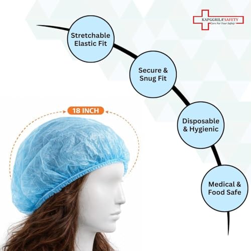 Image of KAUSTA Disposable Bouffant caps /Surgical Caps /Cooking Caps /Surgical Head Caps /Non Woven Head Caps, Pack Of 100pcs (18 inch) Medical Use Disposable Bouffant Caps Stretchable Hair Cover