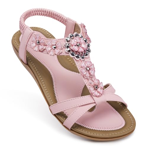 Image of SHIBEVER Dressy Flat Women Sandals: Comfortable Arch Support Womens Sandal | Summer Dress Flowers Boho Back Strap Open Toe Women's Sandals - All Day Comfort Walking Casual Wedding Woman Sandal Shoes