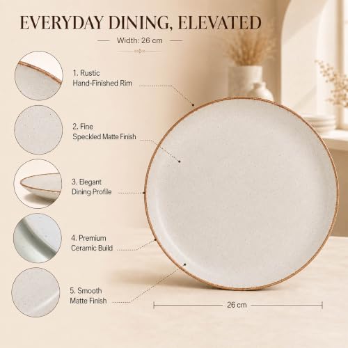 Image of The Earth Store White Matte Brown Ceramic Dinner Set of 16 - 4 Dinner Plates, 4 Quarter Plates, 4 Vegetable Bowls & 4 Coffee Mugs | Premium Dinner Set for Home & Dining