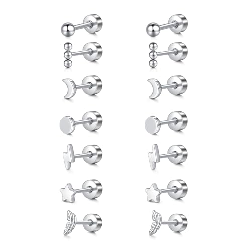 TOKRING 6-7 Pairs Flatback Stud Earrings Set 20G Stainless Steel Cartilage Earrings for Women Silver Ear Piercing Jewelry Threaded Screw Back Style