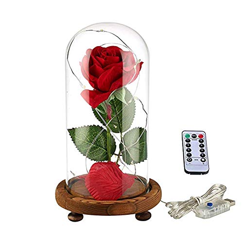 YSBER"die schöne und das Biest rote Seide Rose und led - licht mit gefallene blütenblätter in der glaskuppel auf holzsockel ich (Warmes weißes Licht Rose Shade)