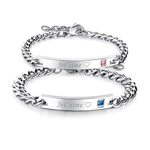 Flongo 2PCS Bracelets Acier Inoxydable Je T'Aime Chaînes de Main pour Couples Amoureux Femme Homme Couleur Argent Cadeaux Romantiques Saint Valentin Mariage