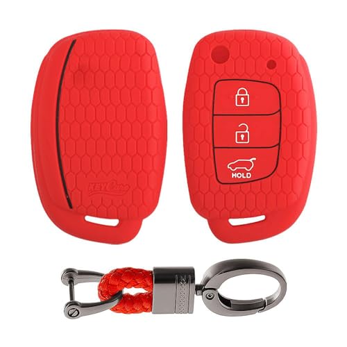 Image of Keyzone Compatible Silicone Key Cover for Venue, Aura, Elite i20, Active i20, Xcent 3 Button flip Key (Red with Alloy Key Holder Red)
