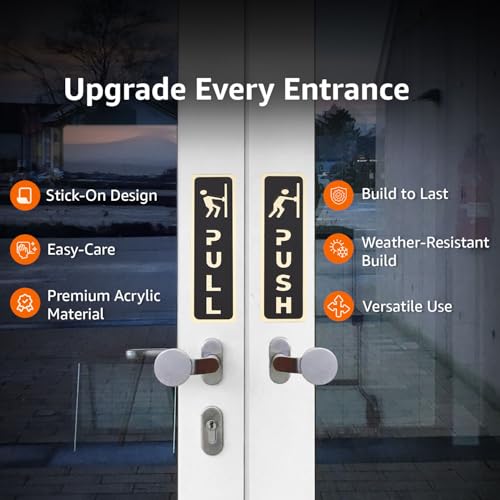 Image of amazon basics Push Pull Door Sign - 6.5 inch Self-Adhesive Glass Door Acrylic Signage Sticker, 2 stickers /pages