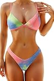 Aqua Eve Women Two Piece Bikini High Cut Swimsuit Triangle Bathing Suit Cheeky Bikini Set Tie Dye and Pink M