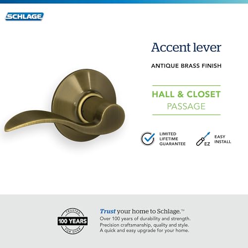 Image of SCHLAGE Lock Company Acc 609 SCHLAGE Accent F10 Flat Wave Reversible Door Lever Lock, Solid, Antique, Brass - F10 ACC 609