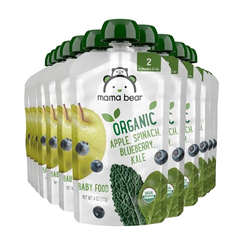 Amazon Brand – Mama Bear Organic Baby Food, Stage 2, Apple, Spinach, Blueberry, Kale, 4 ounce (Pack of 12)