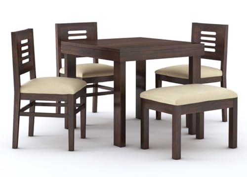 Image of MAMTA DECORATION Sheesham Wood 4 Seater Dining Table Set | Four Seater Dinner Table with 3 Cushions Chairs & 1 Bench | Dinning Table Set 4 Seater for Living Room, Hotels & Restaurant, Walnut Finish