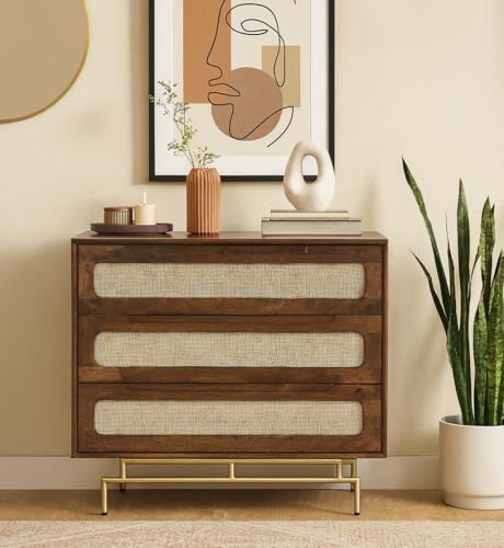 Image of Solid Wooden Atlanta Chest of Drawers | Chest of Drawers with Natural Cane /Rattan | Dresser- Tubaq Finish