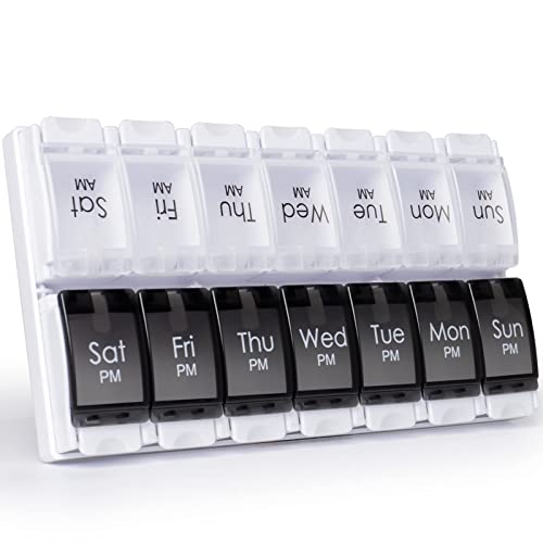 MERICARGO Am Pm Pill Organizer 7 Day, 2 Times a Day Large Weekly Pill Box, Push Button Daily Pill Case for Vitamin, Fish Oil, Supplements