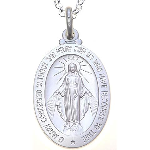 Large Sterling Silver Miraculous Medal (30mm) Necklace with 20" Chain & Jewellery Gift Box Cover