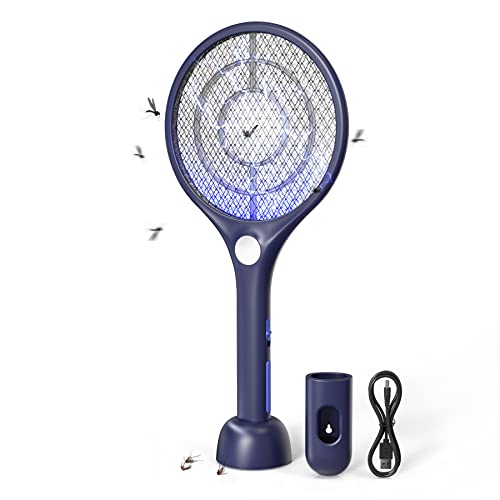 CONOPU Raquette Electrique Insectes, 4000V, USB Base de Charge, 1200mAh Rechargeable Raquette Anti Moustique avec LED, Protection de Maille 3 Couches, Contre Les Insectes et Moustiques,Bleu
