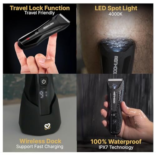 Image of MENHOOD Trimmer 2.0 Sensitive Skin Body Ball Groin Trimmer for Men 7 Lengths IPX7 Waterproof 7000RPM Ceramic Blade No Nicks Wireless Charging LED Spotlight 150 Min