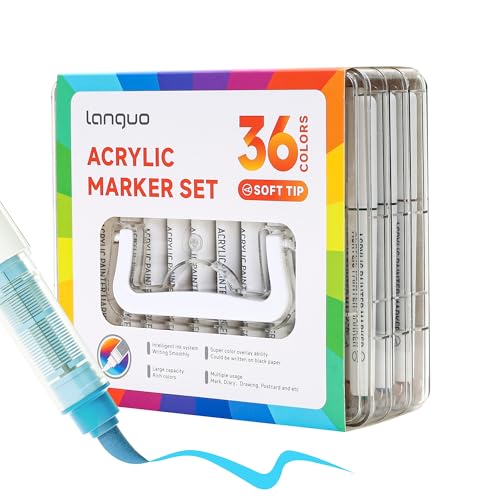 Image of languo 36 Colors Acrylic Paint Markers Pens Set, Soft Brush Tip Markers with Fast Drying & No-Bleed Ink, Acrylic Paint Pens for Rock, Wood, Egg, Ceramic, Fabric Painting, Art Supplies and DIY Crafts