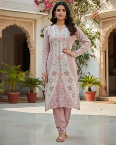 Image of KTI Full Sleeve Knee Length Floral Design Woolen Fabric 3 PC Kurti Set for Women Art NO-94164