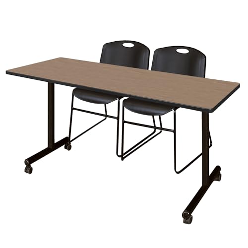Image of Regency Kobe 60 x 24 in. Mobile T-Base Training Table- Noble Oak, 2 Zeng Stack Chairs- Black