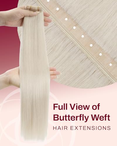 Image of Moresoo Butterfly Hair Weft Extensions, Platinum Blonde, 24 Inch 100g | silky remy strands bring bold platinum length to editorial content, destination events and refined evening styling