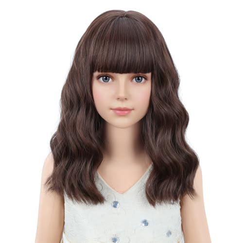 Image of PATTNIUM Kids Short Brown Wig Girls Mixed Brown Short Curly Wavy Wig Chocolate Brown Synthetic Children Wigs Cosplay Costume Party with Wigs Cap