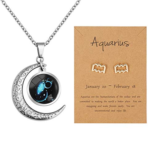 Nanafast Zodiac Constellation Necklace Stud Earrings Set Adjustable Stainless Steel Crescent Moon Necklace, Creative Glow Horoscope Astrology Necklace for Women Girls Valentines Birthday Gift Aquarius