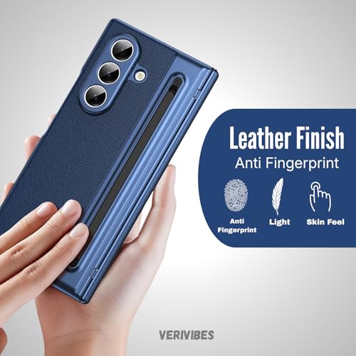 Image of Ultra Hybrid Luxury Leather Compatible with Samsung Galaxy Z Fold 7 (2025) | Built-in S Pen Holder | 360 Hinge Protection | Slim Shockproof Back Cover with Tempered Glass - Blue