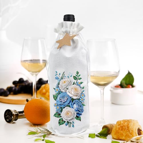 Image of DIY 5D Diamond Painting Gift Wrap, Special Shaped Diamond Art Linen Cover for Champagne Bottles, Party Supplies for Christmas Wedding Birthday Holiday (Blue White Rose)