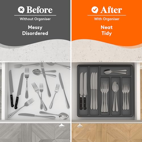 Lifewit Cutlery Tray with Lid, Cutlery Storage Box for Kitchen Drawer and Countertop, Utensil Flatware Silverware Holder Divider for Spoons Forks Knives Tableware, 6 Compartments, Black